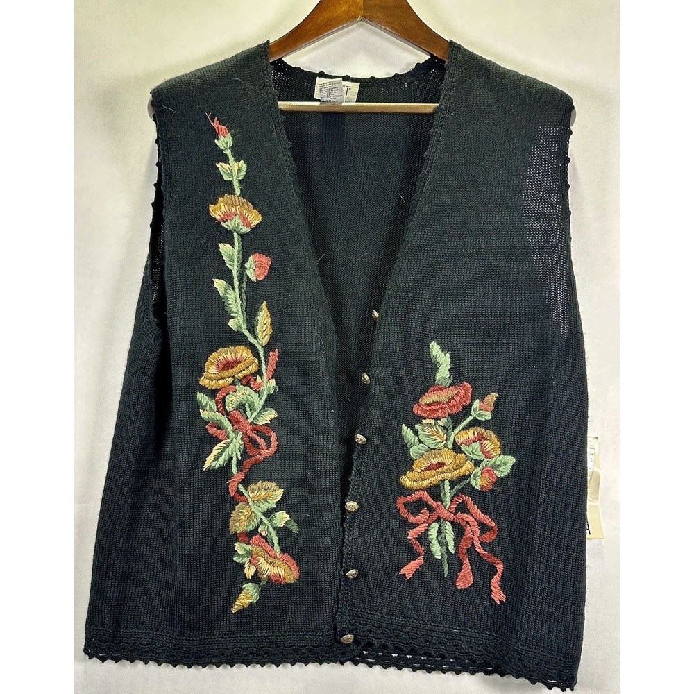 Vintage Koret Button Sweater Vest Black w/Floral Women L NWT SZ: M Wool Blend